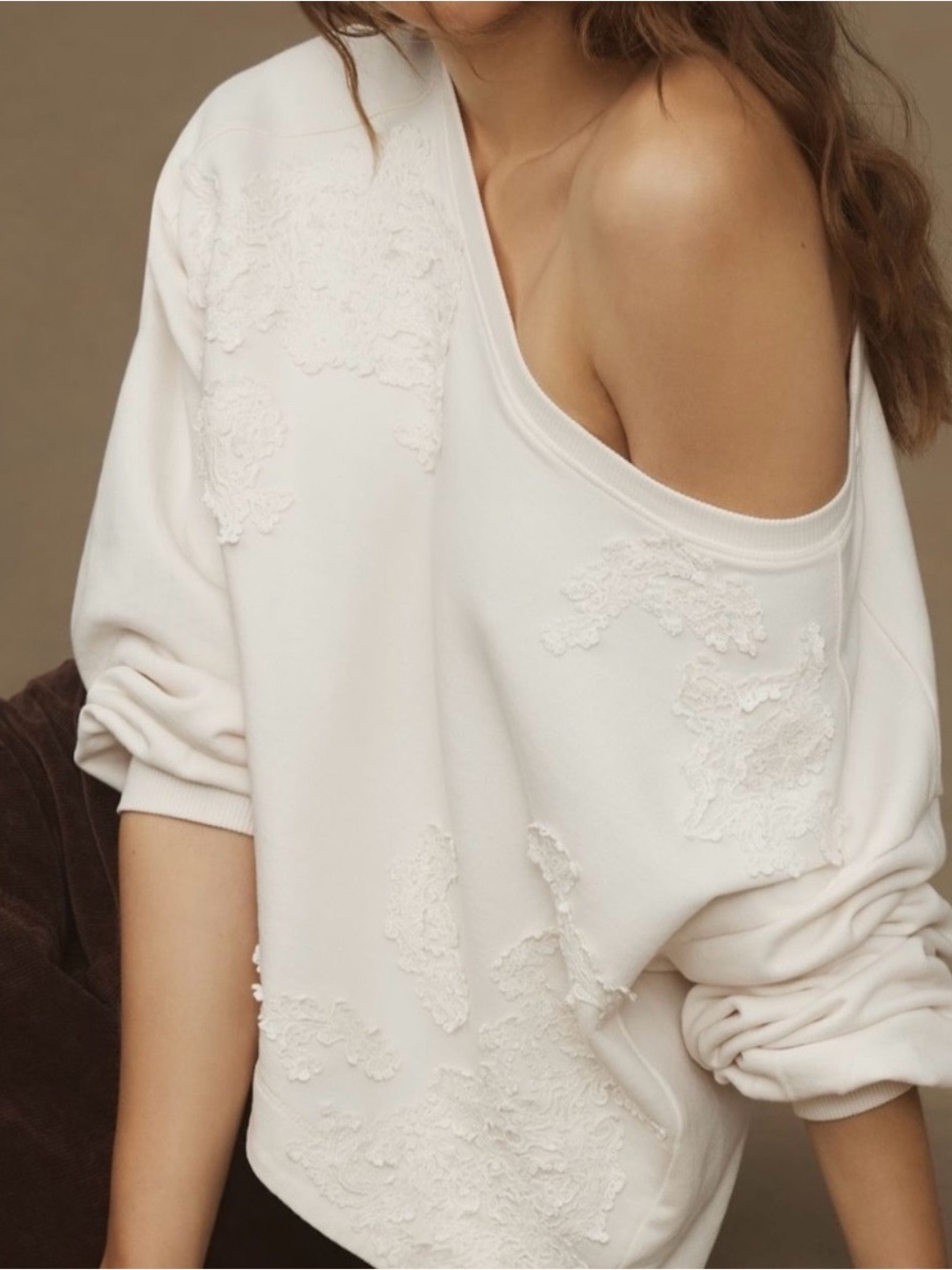 Anthropologie Ivory Crochet Appliqué Pullover Cotton Sweatshirt Size XS